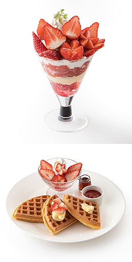 上:マスクメロンと宮崎マンゴーのパフェ、中:国産苺のパフェ、下:国産苺のワッフル